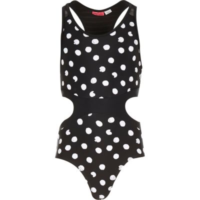 Girls black polka dot cut out swimsuit